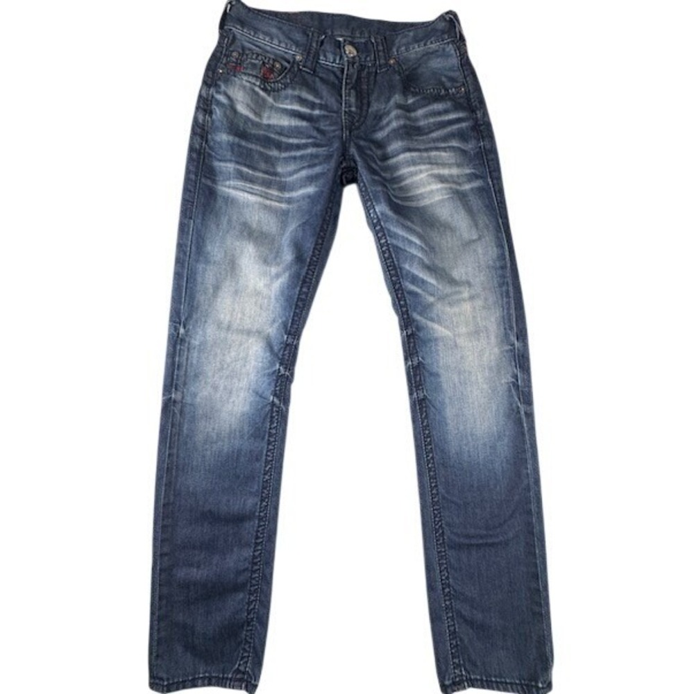 True Religion Jeans Mens 30 Straight Blue Red Contrast Stitch Horseshoe Logo